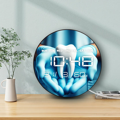 Oral Dental Hygiene LED Digital Wall Clock with Calendar Temperature Auto Dimming 12/24hr Format Dentist Electronic Wall Clock
