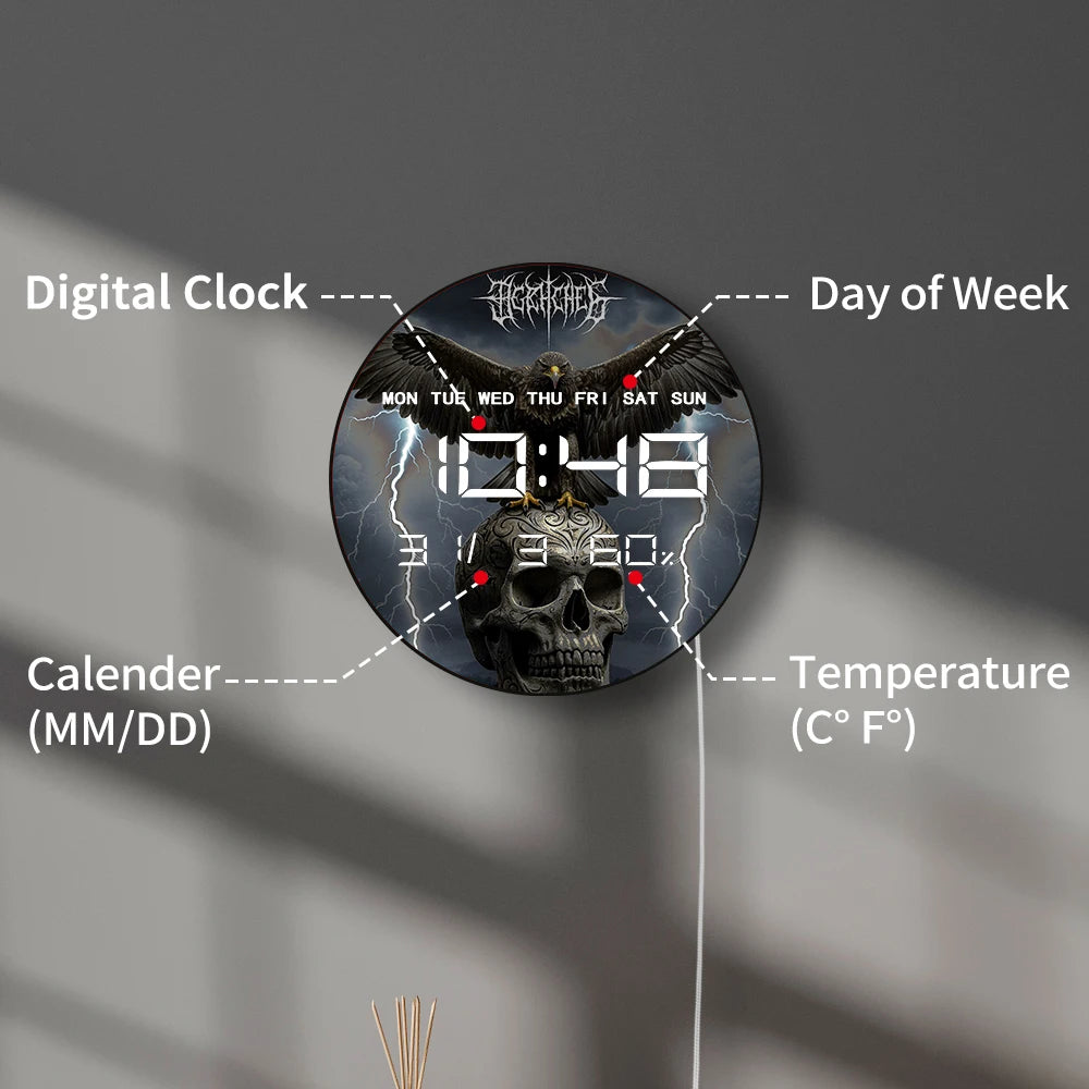 Eagle on Skull Head Wall Desk Use Digital Timer Clock with Temperature Humidity Cal Date Large Display LED Digital Wall Clock