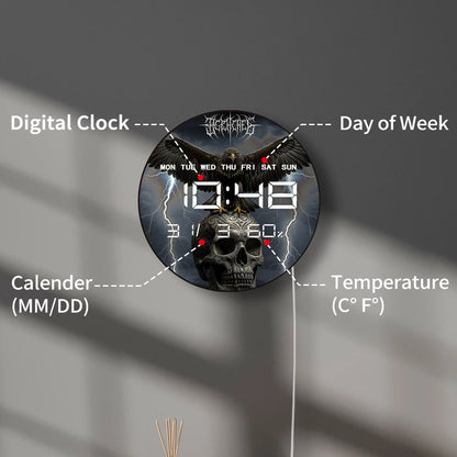Eagle on Skull Head Wall Desk Use Digital Timer Clock with Temperature Humidity Cal Date Large Display LED Digital Wall Clock