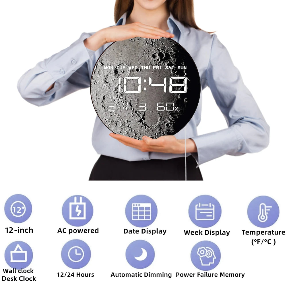 Moon Surface Planet LED Digital Wall Clock with Calendar Date Temperature Auto Dimming 12/24hour Format Electronic Wall Clock