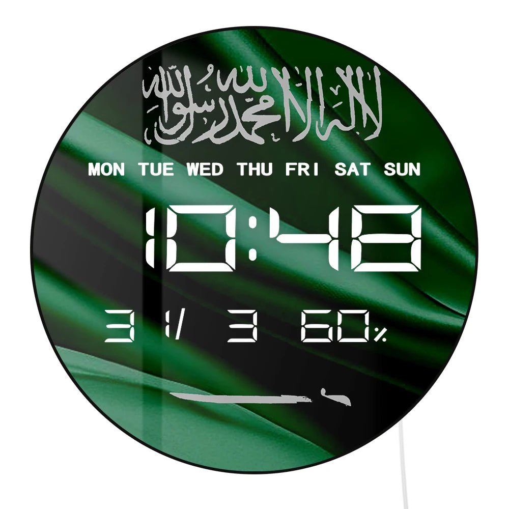 Saudi Arabia Country Flag Digital Wall Clock with Timer Date Temperature Display Saudi Pride Patriotic Green Electric Wall Clock