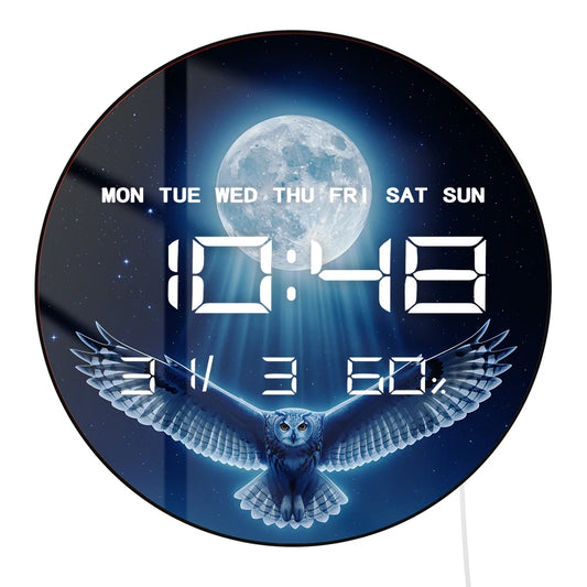 Flying Owl with Full Moon LED Auto Dimming Digital Wall Clock Electronic Wall Clock with Jumbo Numbers Calendar Date Temperature