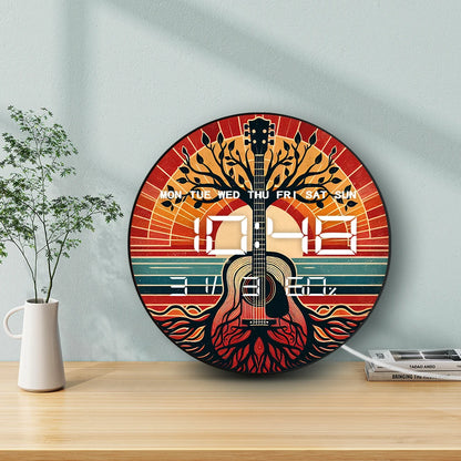 Acoustic Guitar Tree of Life LED Digital Wall Clock Multifunctional 12/24hour Electric Wall Clock with Calendar Date Temperature