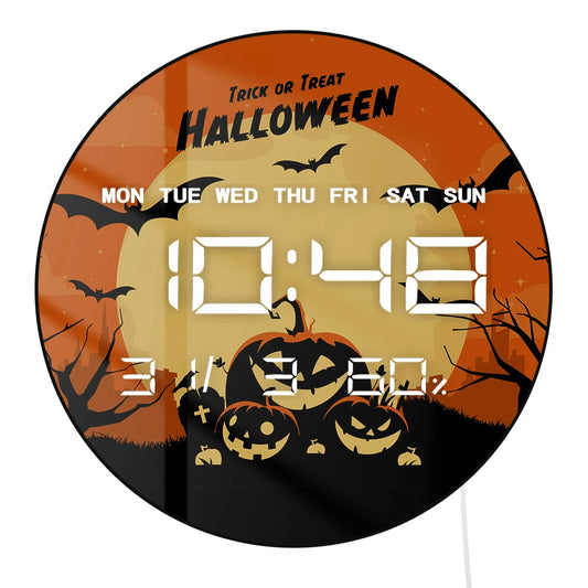 Trick or Treat Digital Wall Clock with LED Display Full Moon Ghost Pumkins Bats Halloween Electric Clock Large Numeric Display