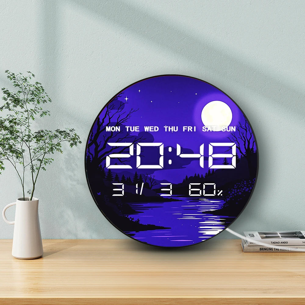 Purple Calm Night Glowing Moon LED Digital Wall Clock with Calendar Date Temperature Auto Dimming 12/24hr Electronic Wall Clock