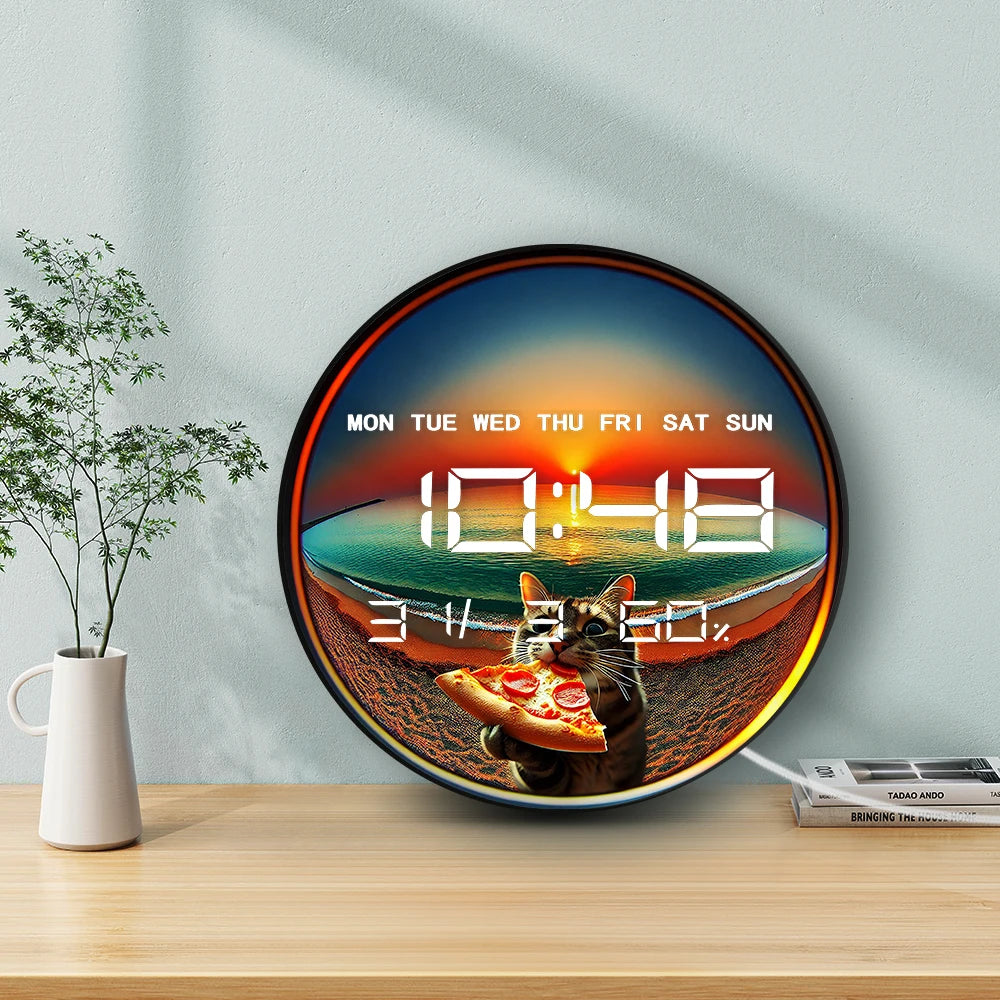 Cat Eating Pizza Electronic Wall Clock with Temperature Humidity Calendar Date Large Display LED Auto Dimming Digital Wall Clock
