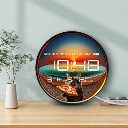 Cat Eating Pizza Electronic Wall Clock with Temperature Humidity Calendar Date Large Display LED Auto Dimming Digital Wall Clock