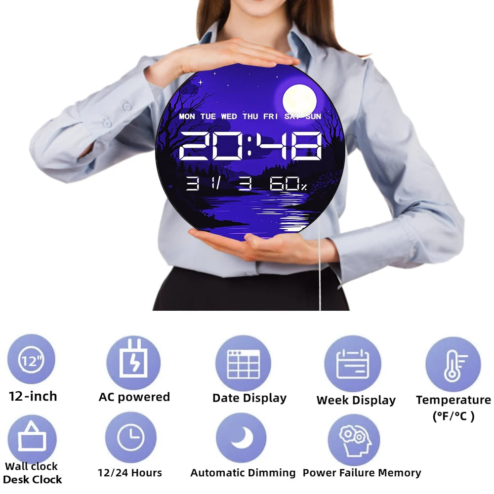 Purple Calm Night Glowing Moon LED Digital Wall Clock with Calendar Date Temperature Auto Dimming 12/24hr Electronic Wall Clock