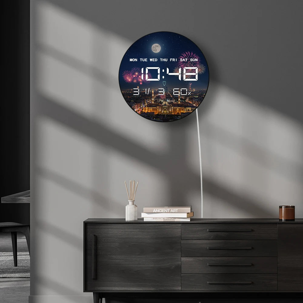 Riyadh Skyline with Full Moon Firework Modern Design LED Digital Wall Clock with Timer Date Temperature Eid Vibes Electric Clock