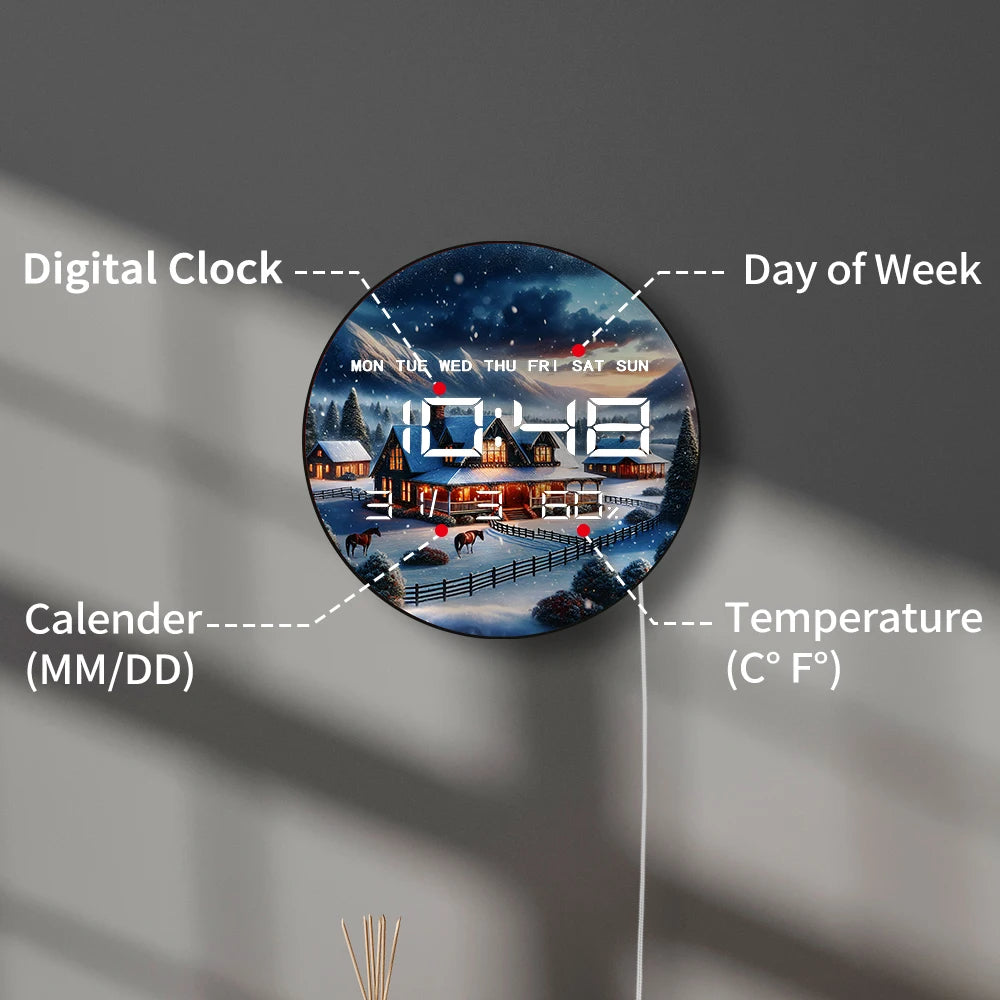 Winter Horse Pasture Landscape Snowy Farm LED Digital Wall Clock with Calendar Temperature Auto Dimming 12/24hr Electric Clock