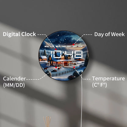 Winter Horse Pasture Landscape Snowy Farm LED Digital Wall Clock with Calendar Temperature Auto Dimming 12/24hr Electric Clock