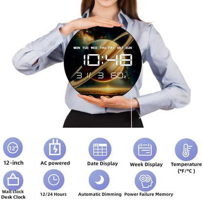 Planet Saturn with Rings Electric Numeric Wall Clock Starry Sky Astronomy Artwork Home Decor LED Auto Dimming Digital Wall Clock