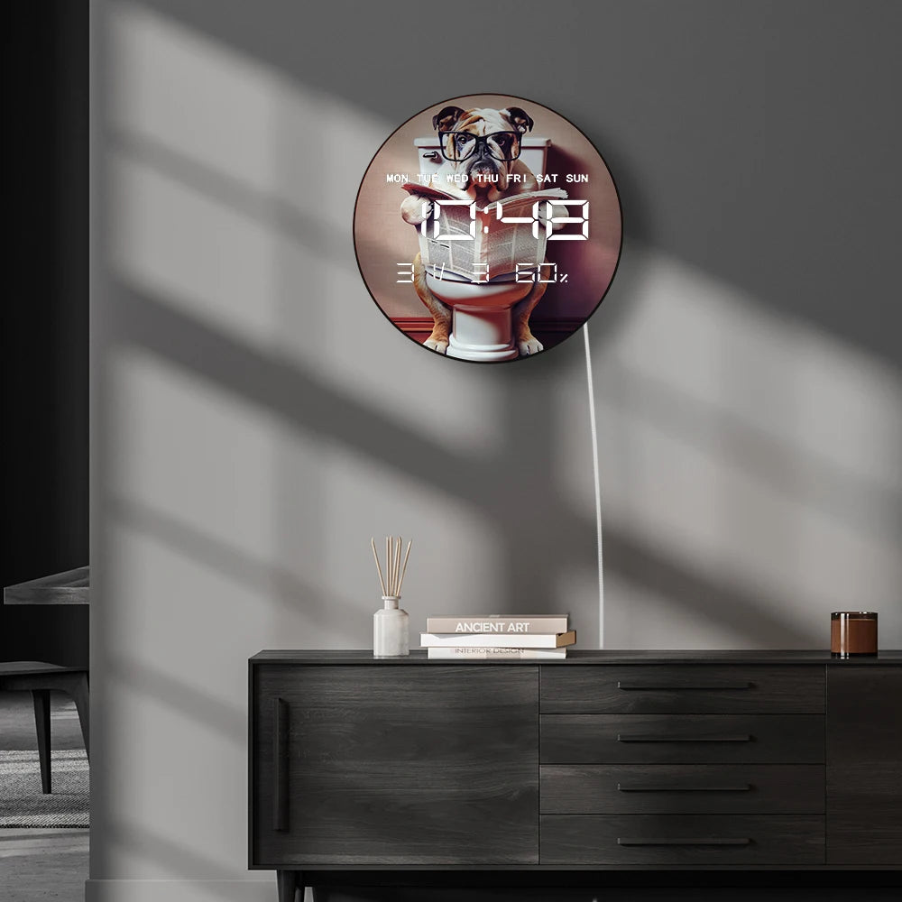 English Bulldog Reading Newspaper On Toilet Electric Wall Clock with Jumbo Numbers Multifunctional LED Digital Wall Clock Timer