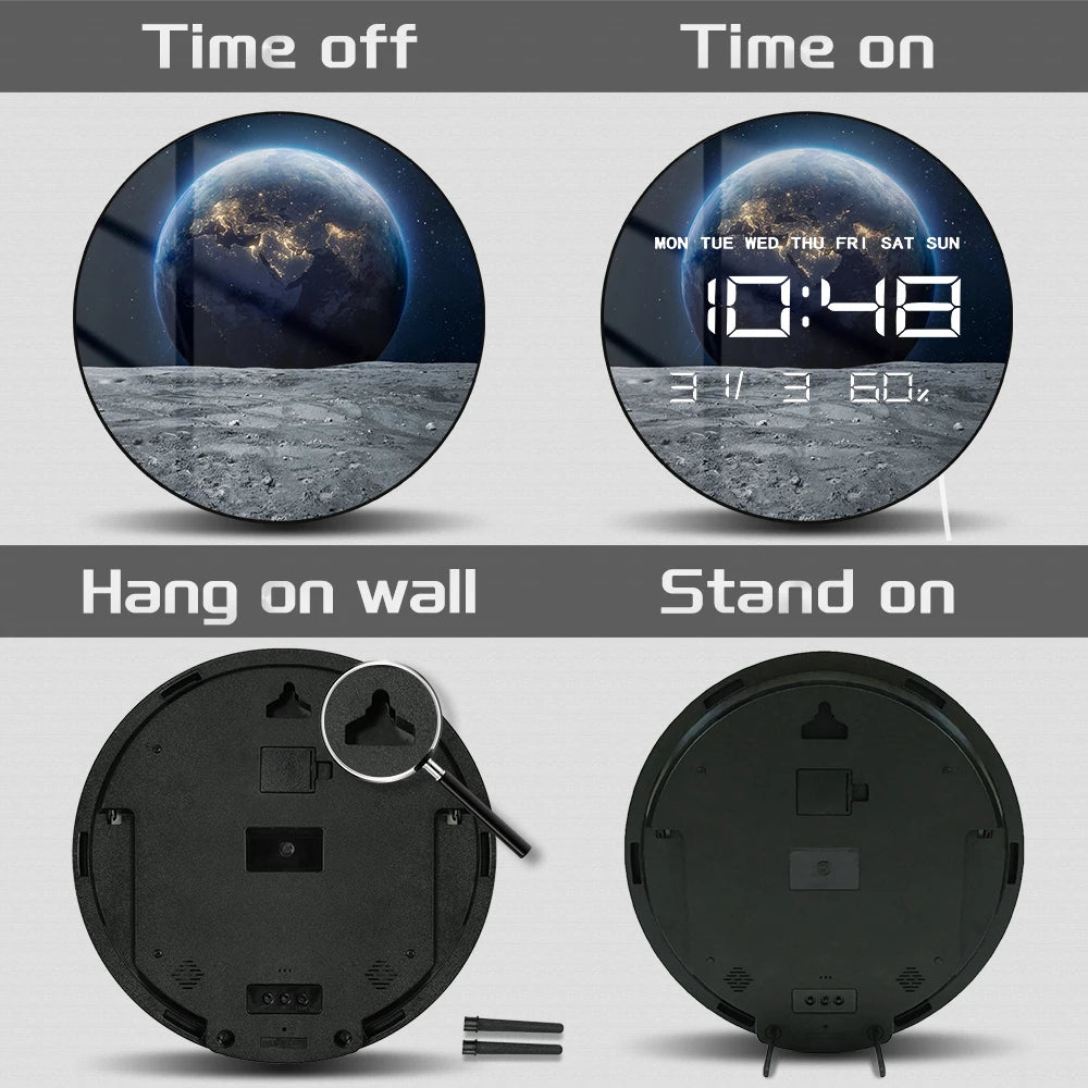 Moon and Earth Digital Wall Clock Large Digital Time Display Planet Deep Space Home Decor Watch LED Numeric Clock Wall Desk Use