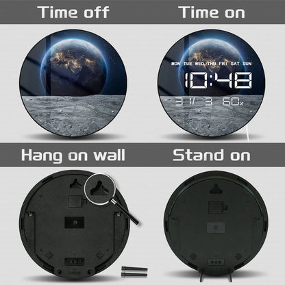 Moon and Earth Digital Wall Clock Large Digital Time Display Planet Deep Space Home Decor Watch LED Numeric Clock Wall Desk Use