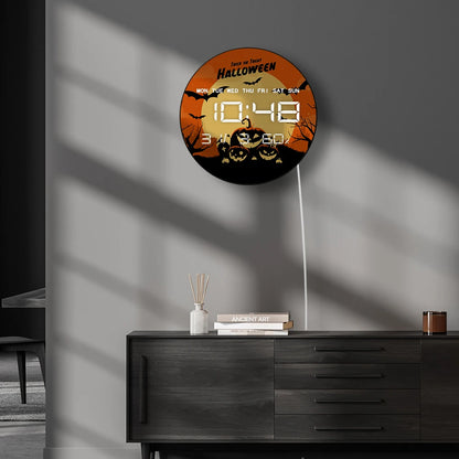 Trick or Treat Digital Wall Clock with LED Display Full Moon Ghost Pumkins Bats Halloween Electric Clock Large Numeric Display