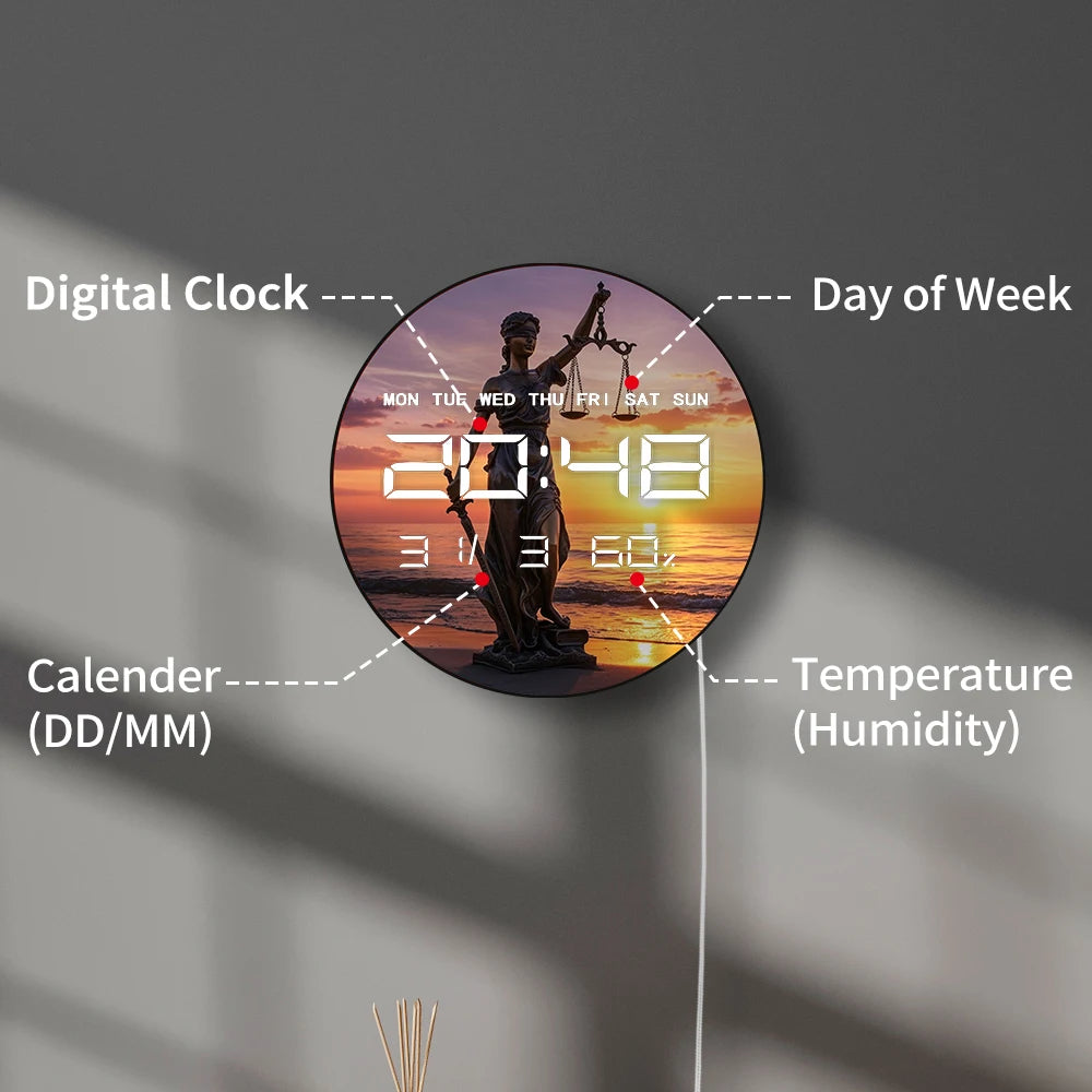 Sunset Beach Lady Justice Statue LED Digital Wall Clock with Calendar Date Temperature Electronic Wall Clock for Law Office Room