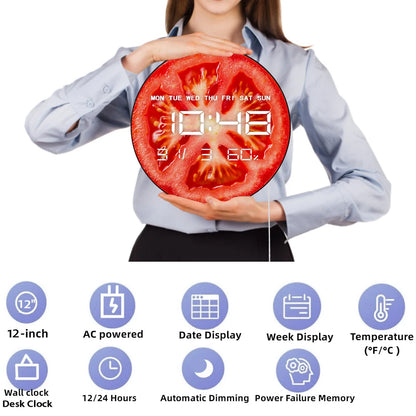 Tomato Slice Printed Kitchen Wall Clock With LED Large Numeric Display Vegetarian Foodie Art Home Decor Electronic Wall Clock