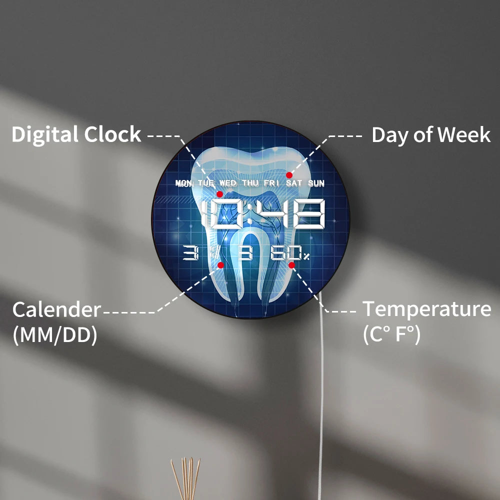 Tooth Anatomy LED Digital Wall Clock for Dental Office Dentistry Artwork 12/24hr Electronic Clock with Temperature Humidity Date