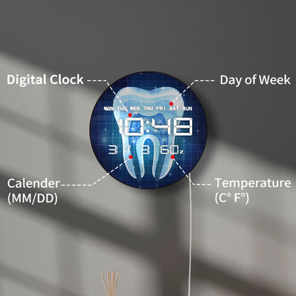 Tooth Anatomy LED Digital Wall Clock for Dental Office Dentistry Artwork 12/24hr Electronic Clock with Temperature Humidity Date