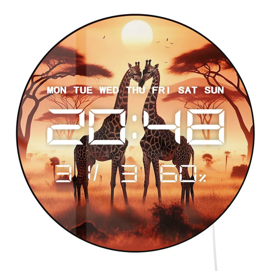 Giraffe Couple LED Digital Wall Clock Romantic Jungle Animal Lover Home Decor Electric Wall Clock with Date Calendar Temperature