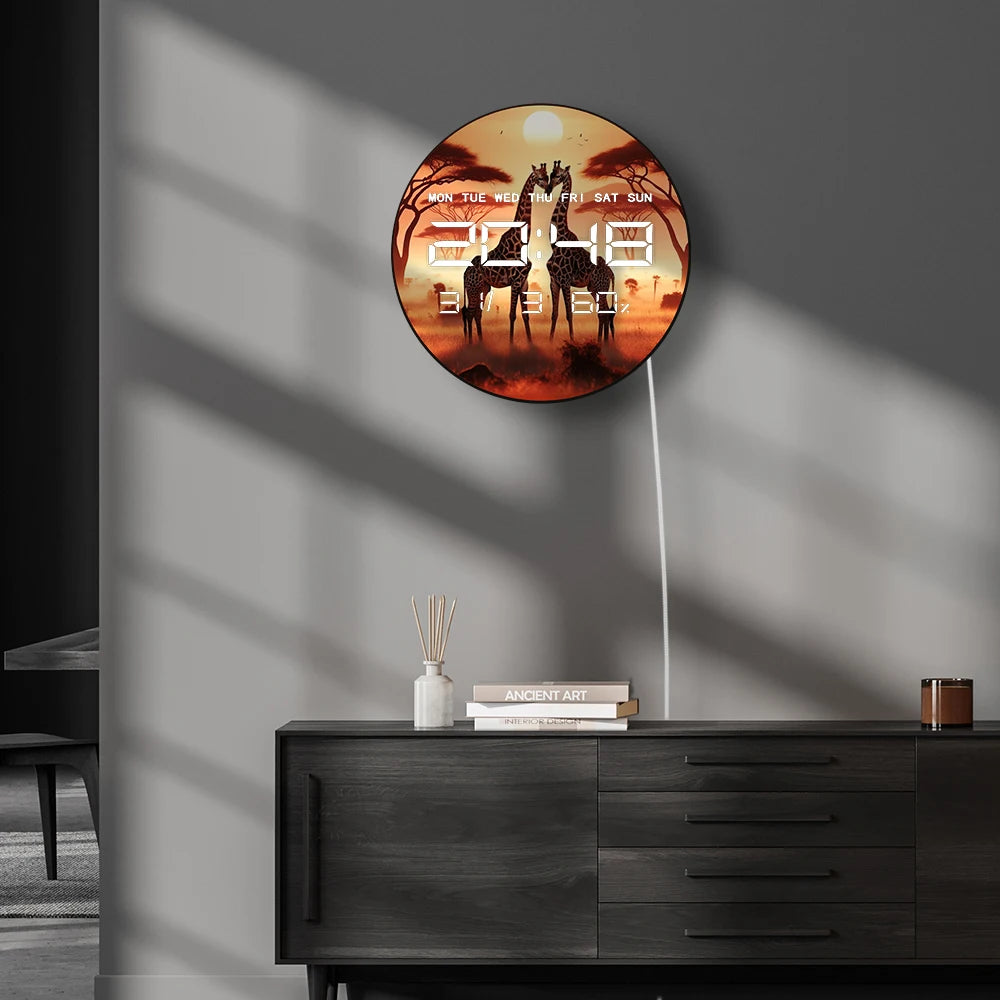Giraffe Couple LED Digital Wall Clock Romantic Jungle Animal Lover Home Decor Electric Wall Clock with Date Calendar Temperature