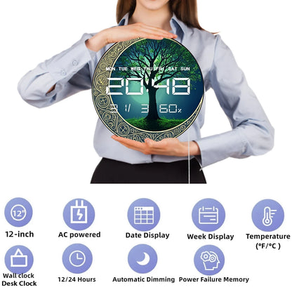 Wicca Symbol Moon Tree of Life LED Digital Wall Clock Magic Home Decor 12/24hour Timer Electronic Wall Clock with Calendar Date
