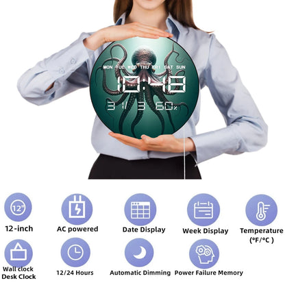 Octopus with Eight Tentacles Digital Wall Clock with LED Display Calendar Temperature Auto Dimming 12/24hr Electronic Wall Clock