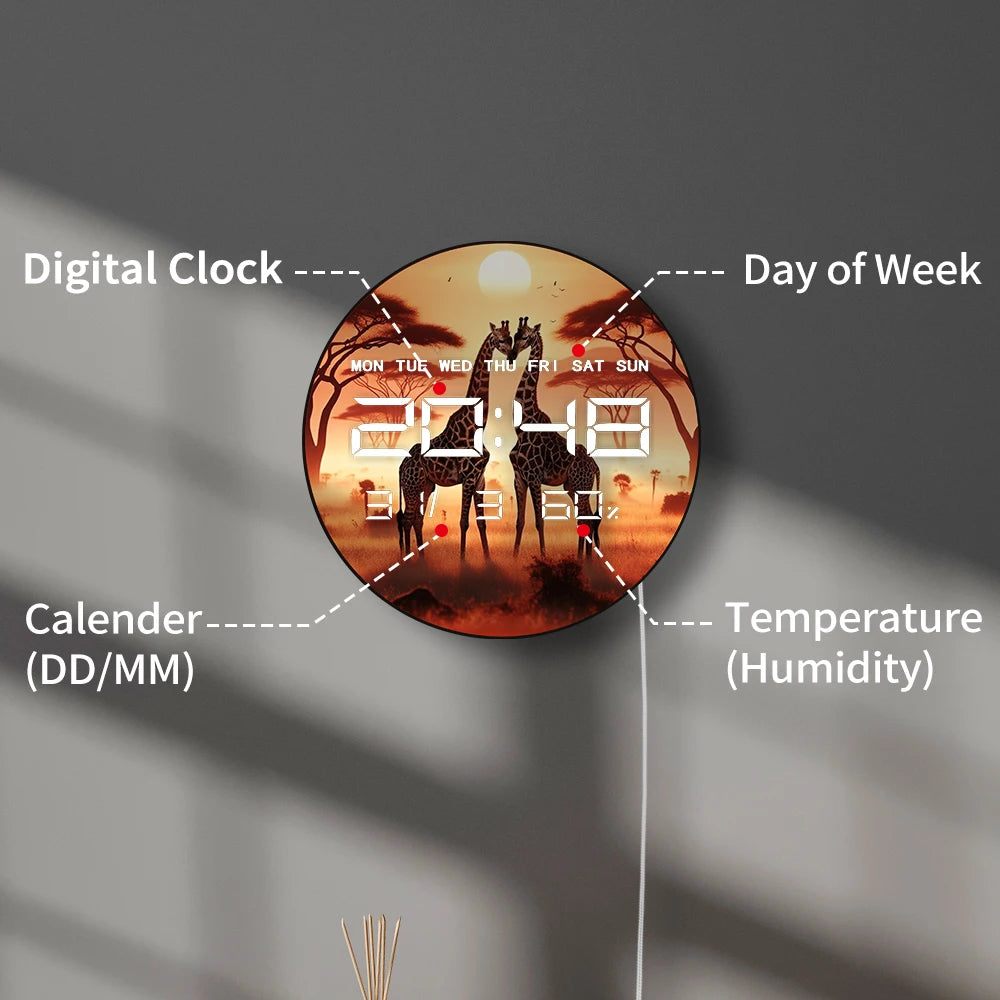 Giraffe Couple LED Digital Wall Clock Romantic Jungle Animal Lover Home Decor Electric Wall Clock with Date Calendar Temperature