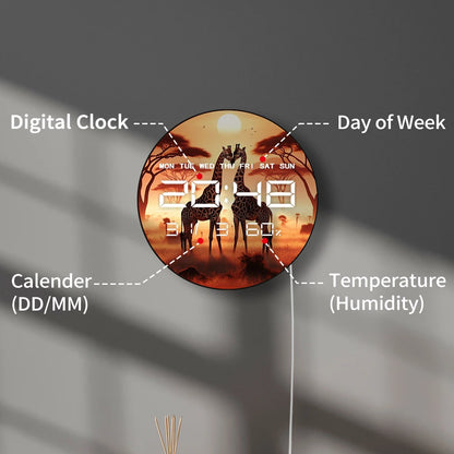 Giraffe Couple LED Digital Wall Clock Romantic Jungle Animal Lover Home Decor Electric Wall Clock with Date Calendar Temperature