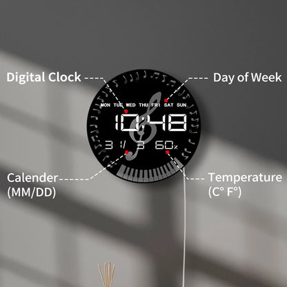 G-clef Music Notes LED Auto Dimming Digital Wall Clock Round Piano Keyboard Electronic Wall Clock Large Numeric Display Clock