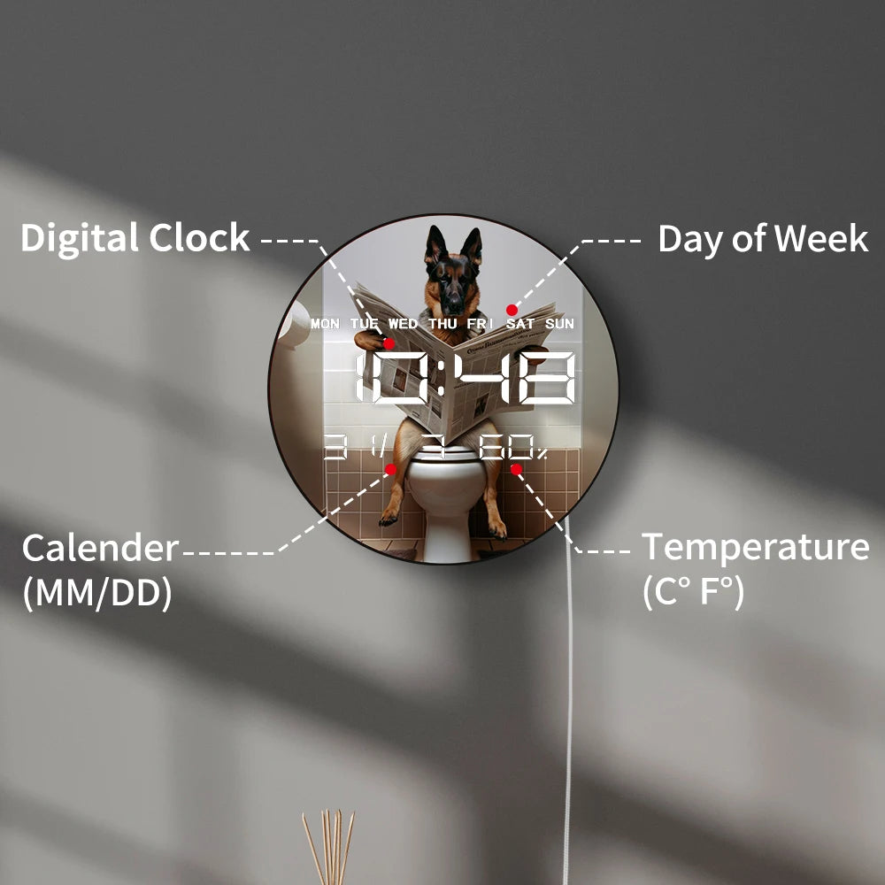 German Shepherd on Toilet Reading Newspaper LED Digital Wall Clock with Calendar Temperature Autom Dimming Electronic Wall Clock