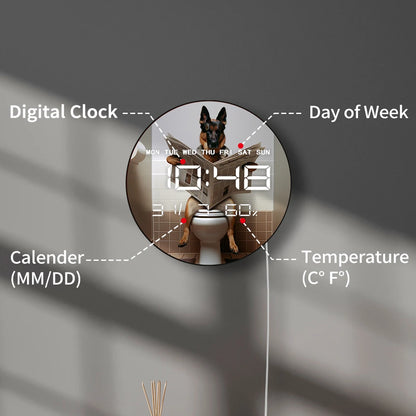German Shepherd on Toilet Reading Newspaper LED Digital Wall Clock with Calendar Temperature Autom Dimming Electronic Wall Clock
