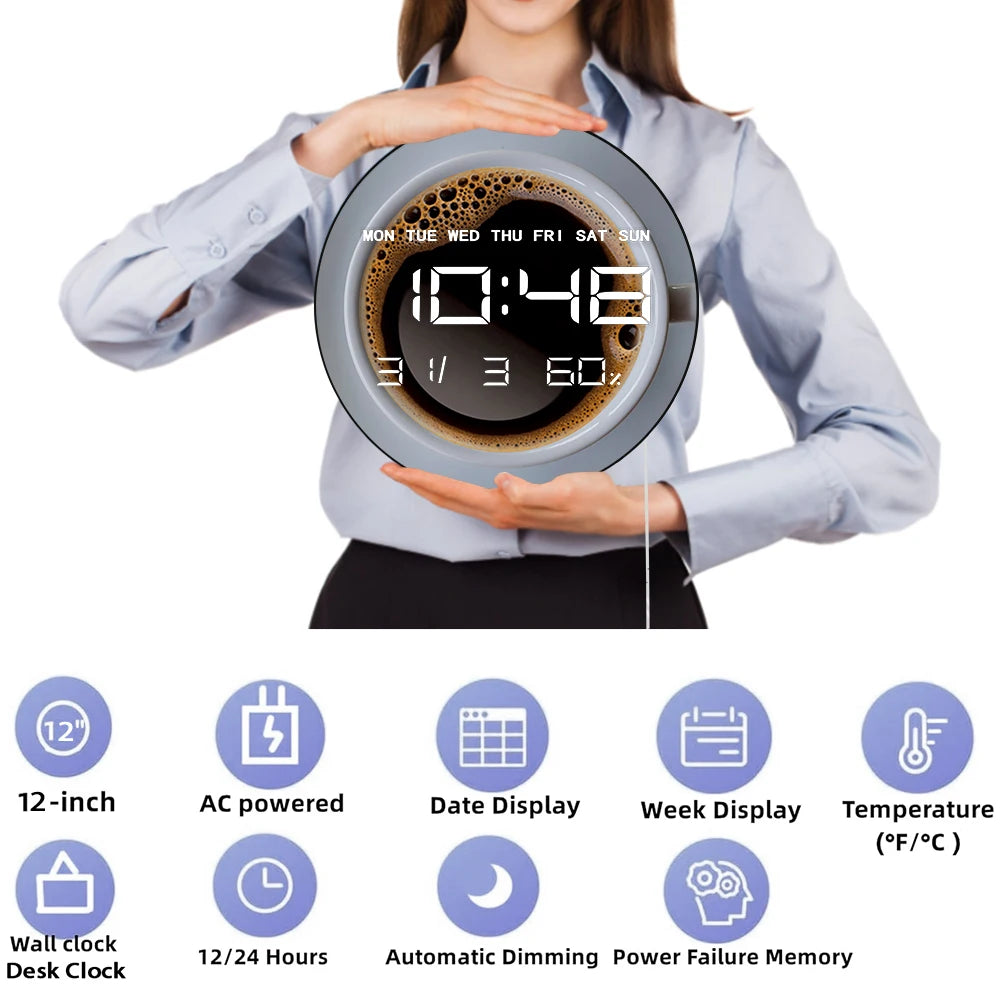 Top view Coffee Mug LED Digital Wall Clock Barista Minimalist Electronic Kitchen Wall Clock Large Numeric Display Cafe Bar Decor