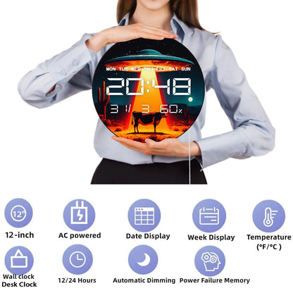 Retro Alien UFO Abduction Cow 12/24 Hour Electronic Wall Clock Western Home Decor Timepieces Auto Dimming LED Digital Wall Clock