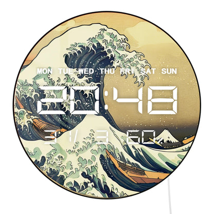 The Great Wave Large Electronic Wall Clock Retro Japanese Home Decor LED Digital Wall Clock Timer with Temperature Calendar Date