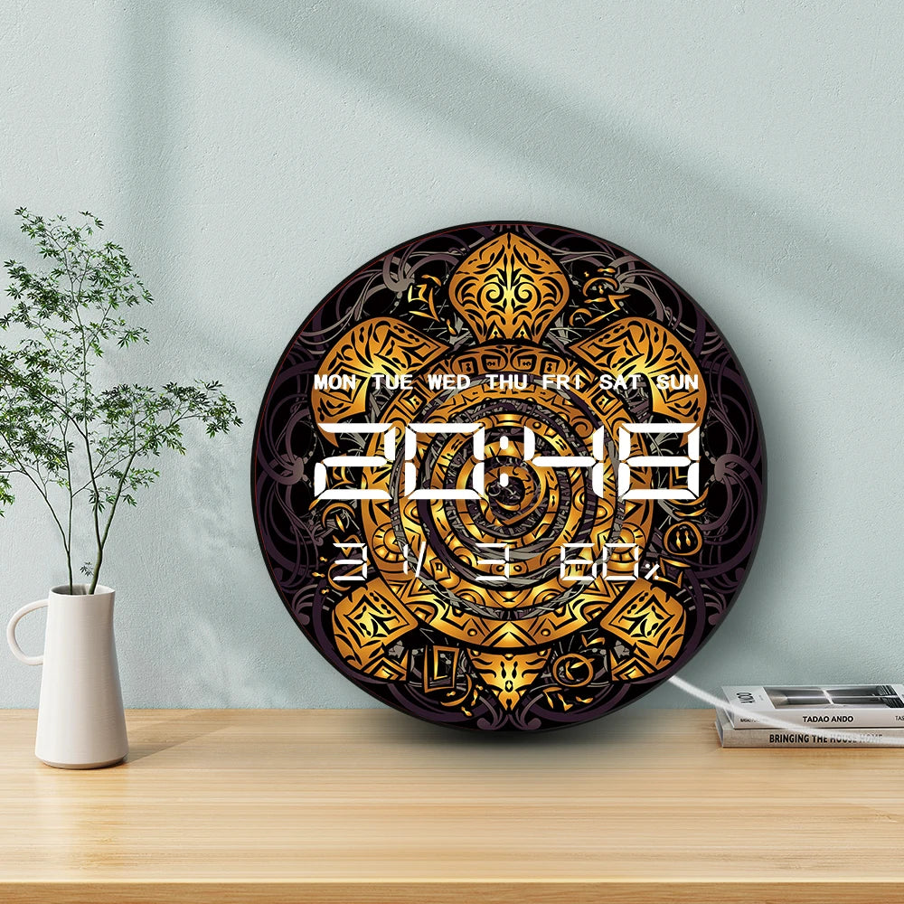 Golden Tribal Sea Turtle Electronic Wall Clock Totemic Animal Toned Maori Home Decor Timer Smart Dimming LED Digital Wall Clock