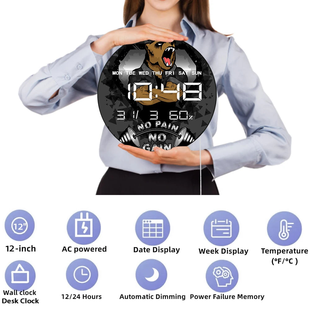No Pain No Gain GYM LED Auto Dimming Wall Clock with Temperature Humidity Date Digital Calendar Large Display Electronic Clock
