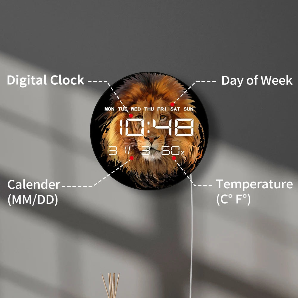 Lion Portrait Electronic Wall Clock Large Numeric Display Wild Animal African Home Decor Multifunctional LED Digital Wall Clock