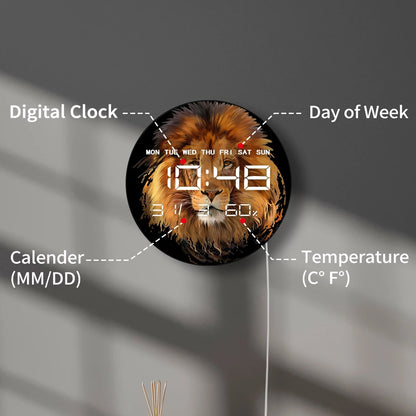 Lion Portrait Electronic Wall Clock Large Numeric Display Wild Animal African Home Decor Multifunctional LED Digital Wall Clock