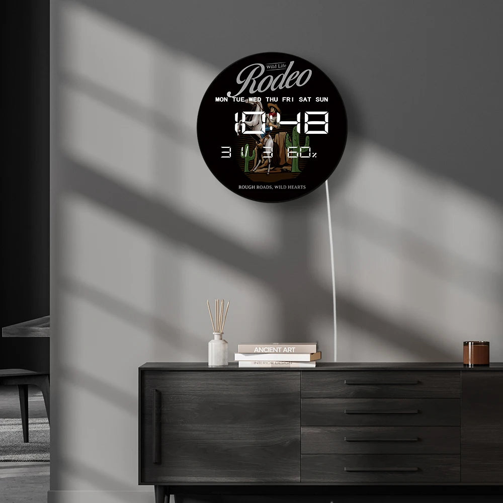 Wild Life Rodeo Modern Digital Wall Clock Cowboy Riding Horse Western Home Decor Electric Wall Clock Large LED Numbers Display