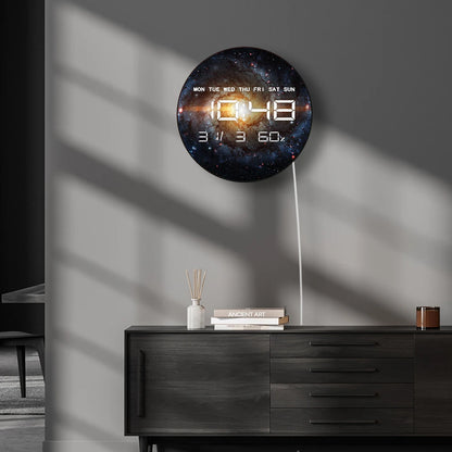 Nebula Galaxy with Stars LED Digital Wall Clock with Calendar Date Temperature Auto Dimming 12/24hr Format Electronic Wall Clock