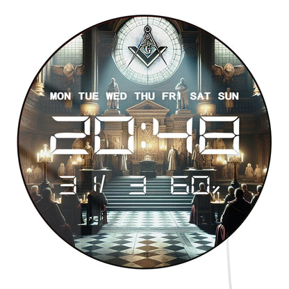Freemasons Square and Compass LED Digital Wall Clock Mason Symbol Masonic Decor Electronic Wall Clock with Calendar Temperature
