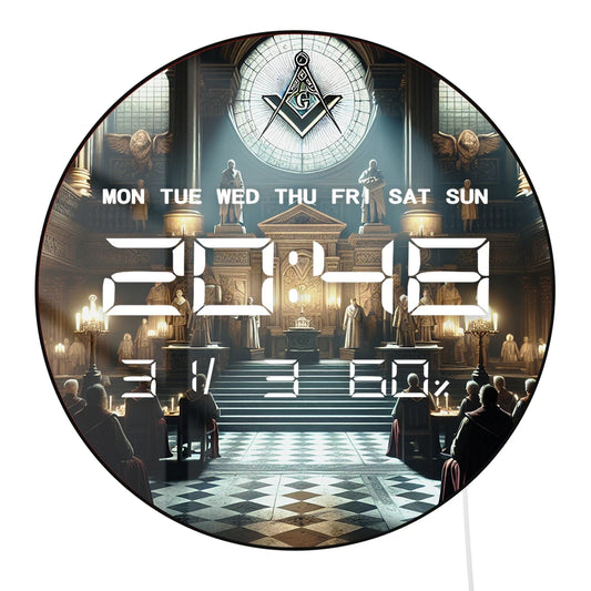 Freemasons Square and Compass LED Digital Wall Clock Mason Symbol Masonic Decor Electronic Wall Clock with Calendar Temperature