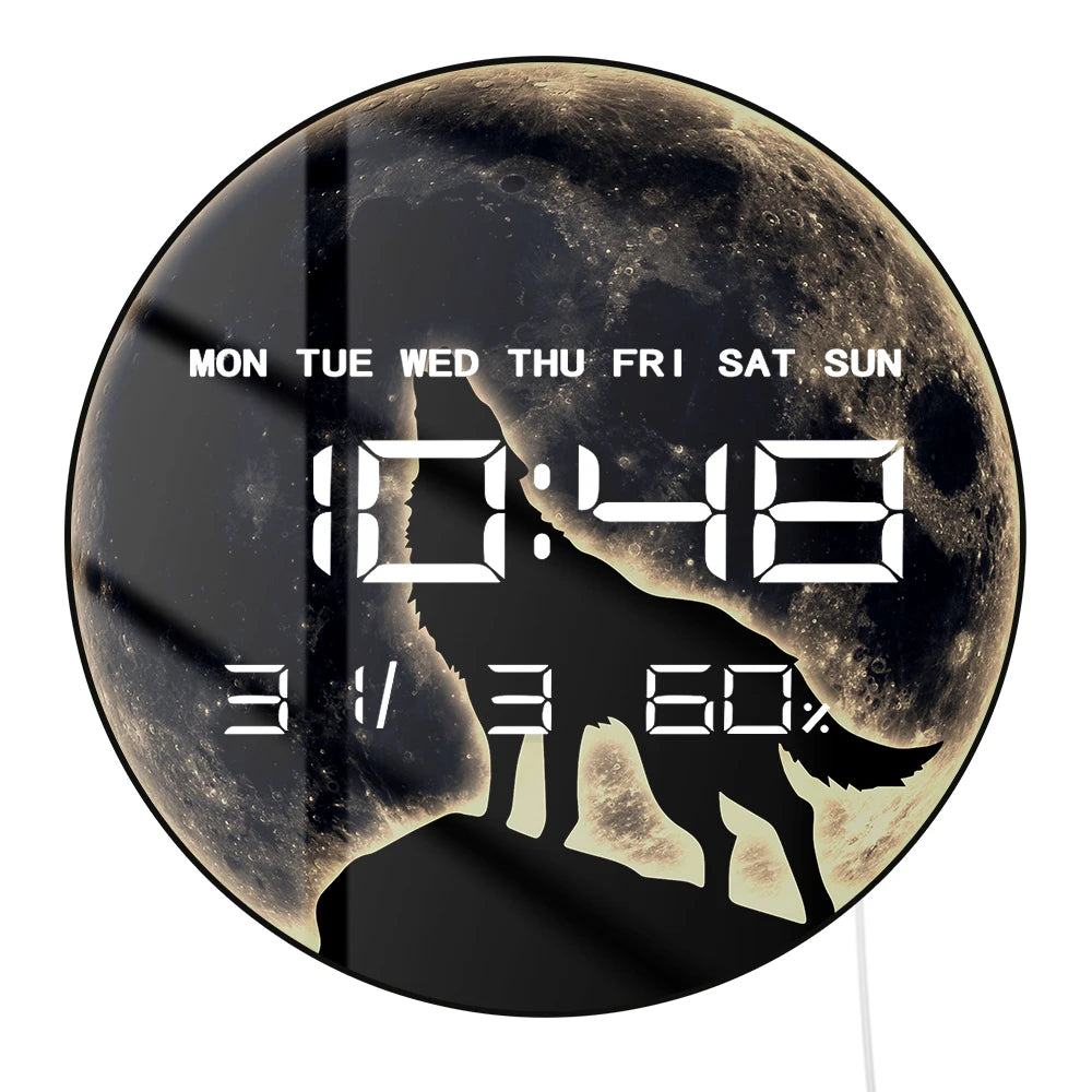 Howling Wolf Full Moon LED Auto-Dimming Digital Wall Clock For Man Cave Bedroom Wildlife Nature Artwork Electronic Wall Clock