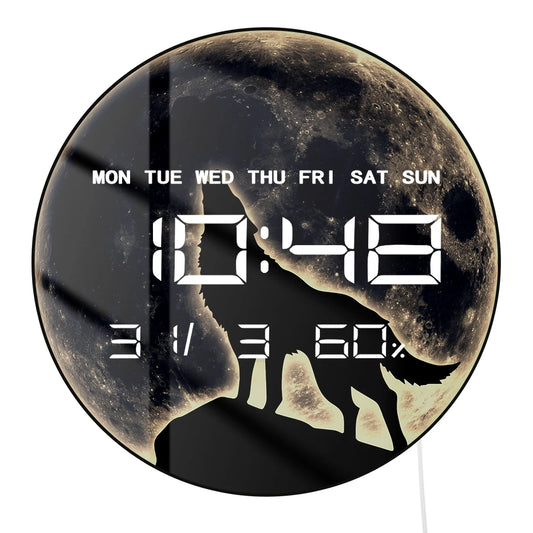 Howling Wolf Full Moon LED Auto-Dimming Digital Wall Clock For Man Cave Bedroom Wildlife Nature Artwork Electronic Wall Clock