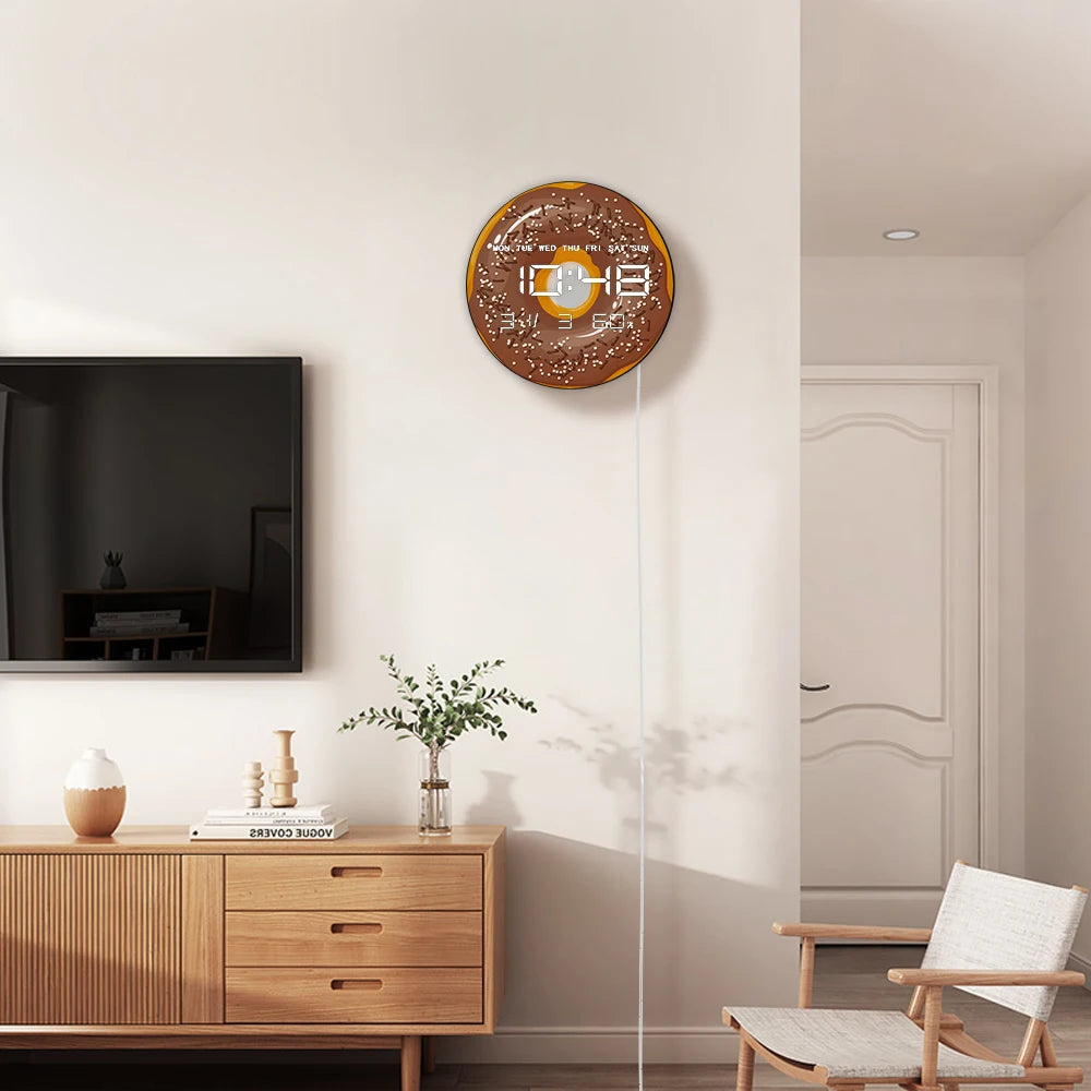 Sweet Donuts LED Digital Wall Clock for Sweet Dorm Dessert Food Art Electronic Kitchen Home Wall Clock Large Numeric Display
