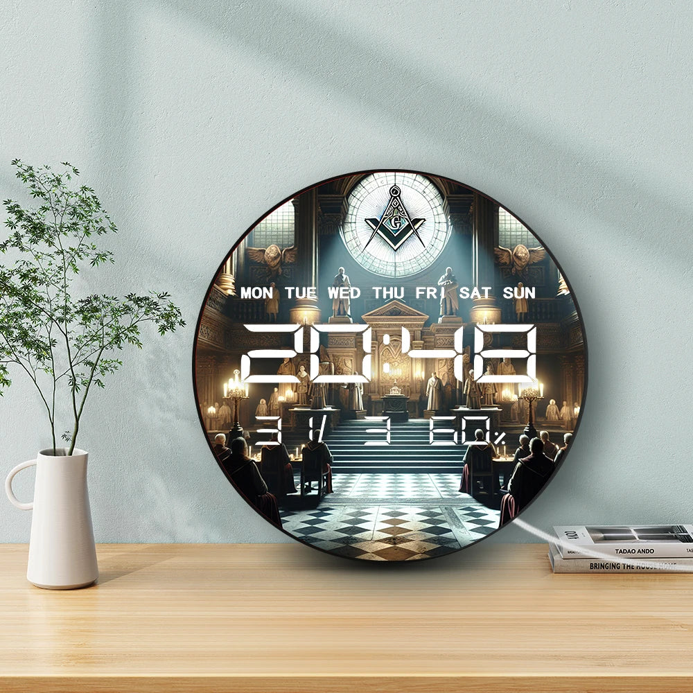 Freemasons Square and Compass LED Digital Wall Clock Mason Symbol Masonic Decor Electronic Wall Clock with Calendar Temperature