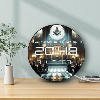 Freemasons Square and Compass LED Digital Wall Clock Mason Symbol Masonic Decor Electronic Wall Clock with Calendar Temperature