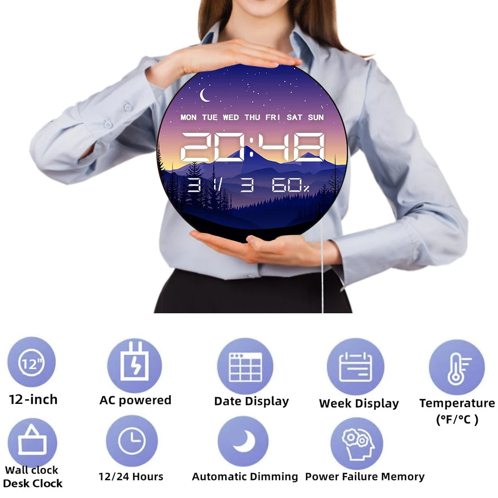 Mountain Forest Night Landscape LED Digital Wall Clock Timer Crescent Starry Sky Multifunctional 12/24hr Electronic Wall Clock